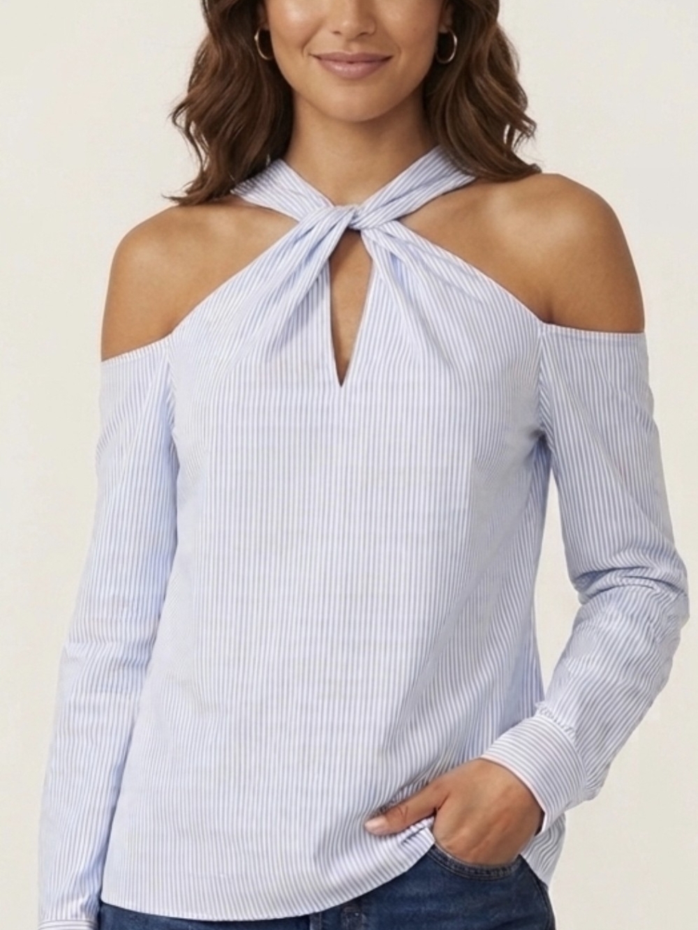 Cold-Shoulder Twist Neck Light Blue Women's Top
